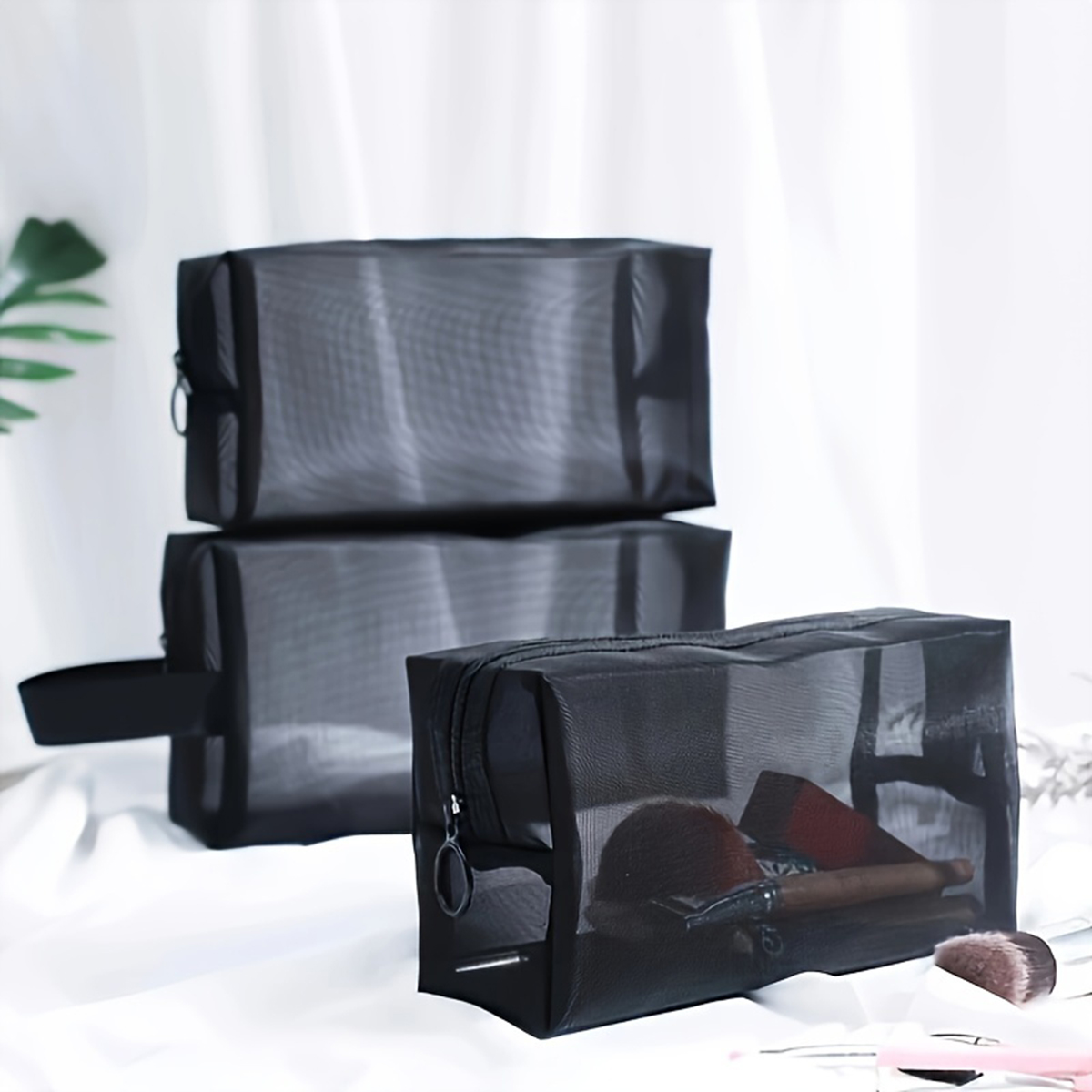 Bolsa de cosméticos de malla negra para viaje, bolsa de maquillaje con cremallera para mujer, neceser de lavado, organizador de maquillaje, bolsa de almacenamiento portátil, 1 ud.