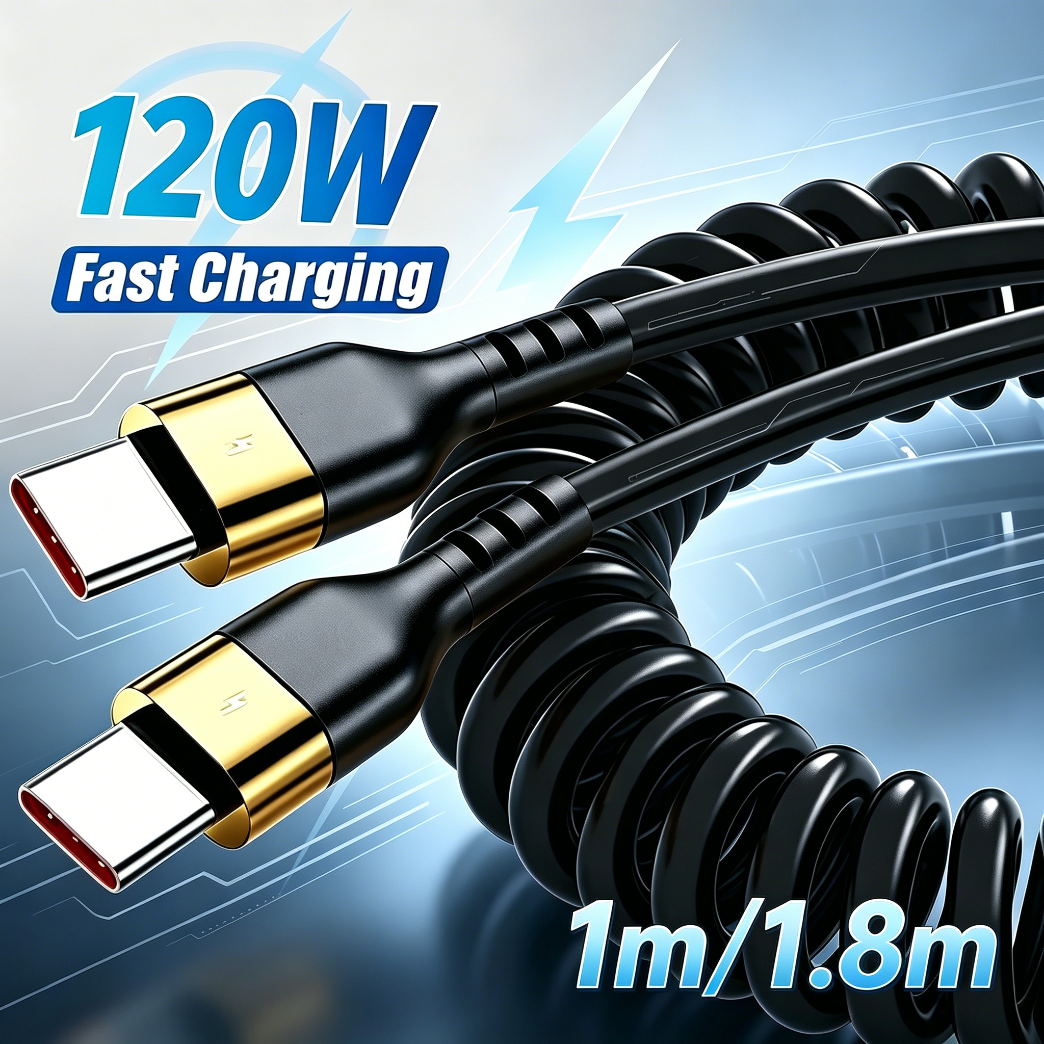 Cabo USB-C Tipo C com mola, 6A 120W PD, para carregamento rápido e transferência de dados, compatível com celulares, retrátil e durável.