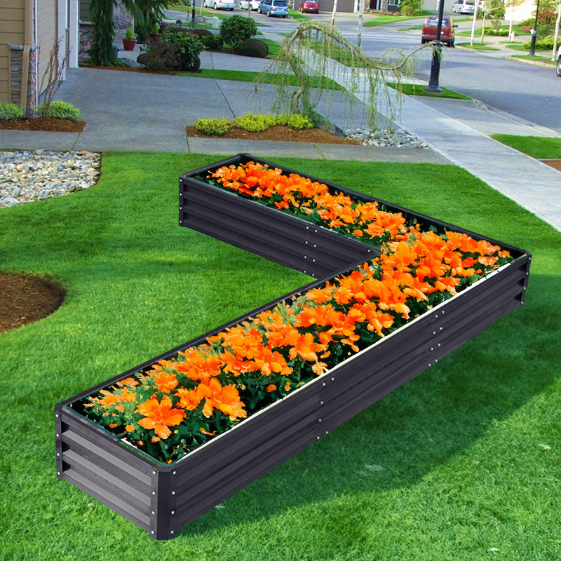 Cama elevada de acero galvanizado en forma de L, color negro, para jardín