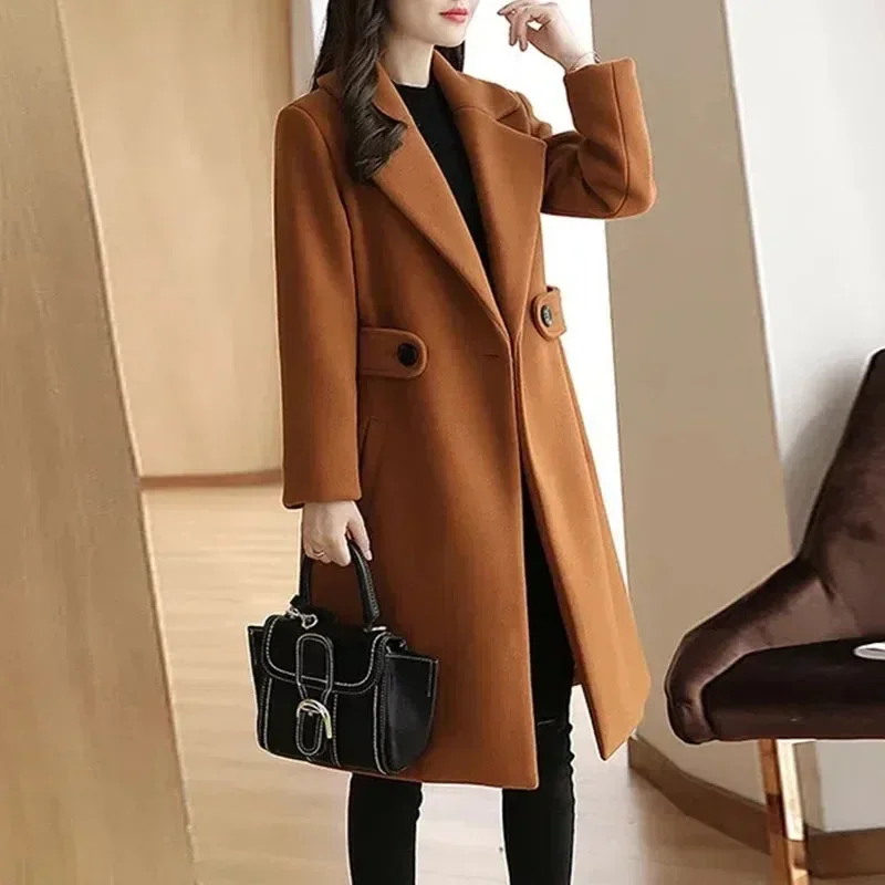 Frauen Mäntel Slim Fit Herbst Winter Mode Streetwear Damen Turn-Down Kragen Oberbekleidung einfarbige weibliche lässige lange Jacken