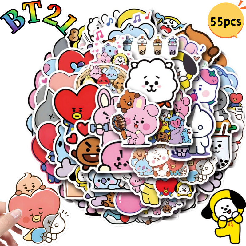 Pegatinas BT21 Chimmy Cooky Koya RJ Shooky Mang, Impresión de Dibujos Animados de Alta Calidad, Decoración Creativa para Cuadernos, 55 Piezas