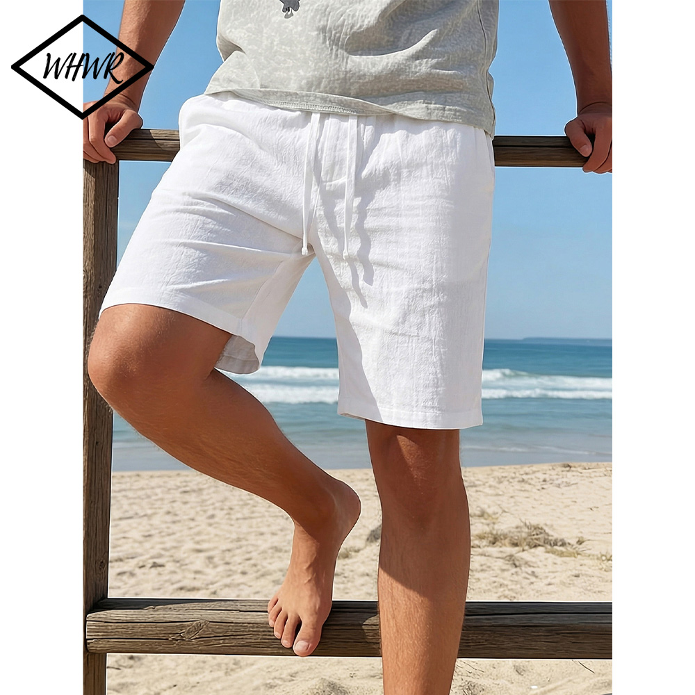 Bermudas Masculinas de Verão Leves e Respiráveis Estilo Casual para Praia, Cor Sólida Básica com Cordão e Cintura Elástica, Modelo Solto