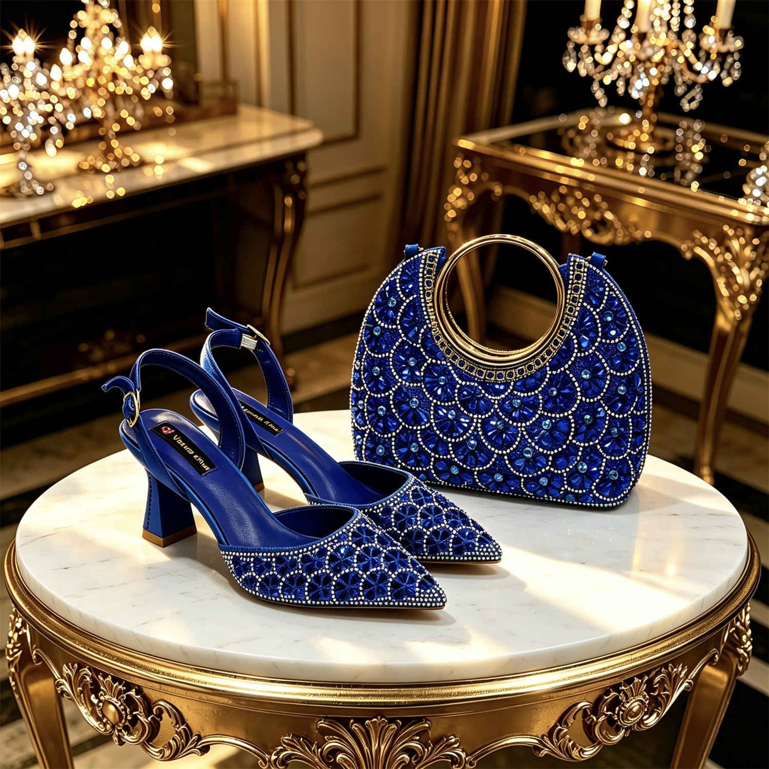 2026 New INS Italian Design Blue Rhinestone Pointed Toe High Heels with Matching Handbag Set Elegant Wedding & Party for Women