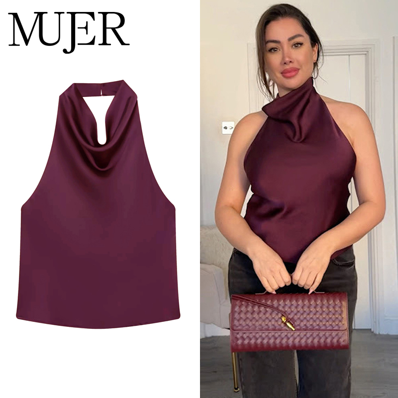 Tops de Cetim Halter MUJER para Mulheres, Tops Sem Ombros e Costas Descobertas, Tops Sexy Sem Alças para Mulheres, Camisola de Praia Feminina