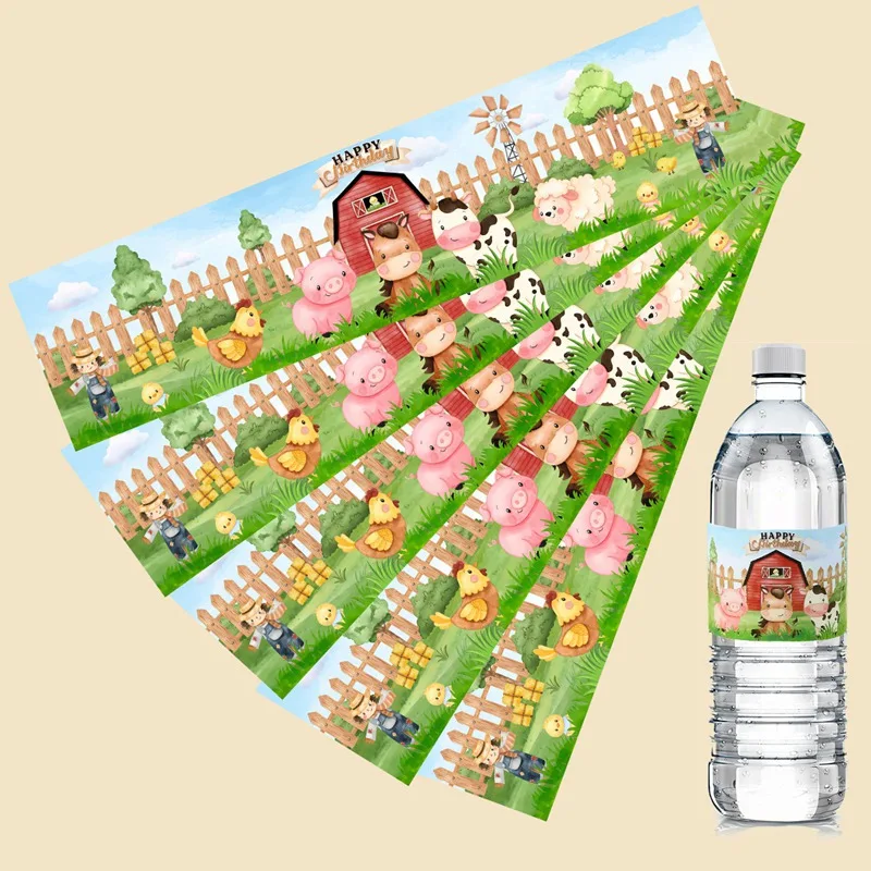 10 Adesivi a Tema Animali da Fattoria, Etichette per Bottiglie con Animali Cartoon, Decorazioni per Feste di Primo Compleanno a Tema Fattoria