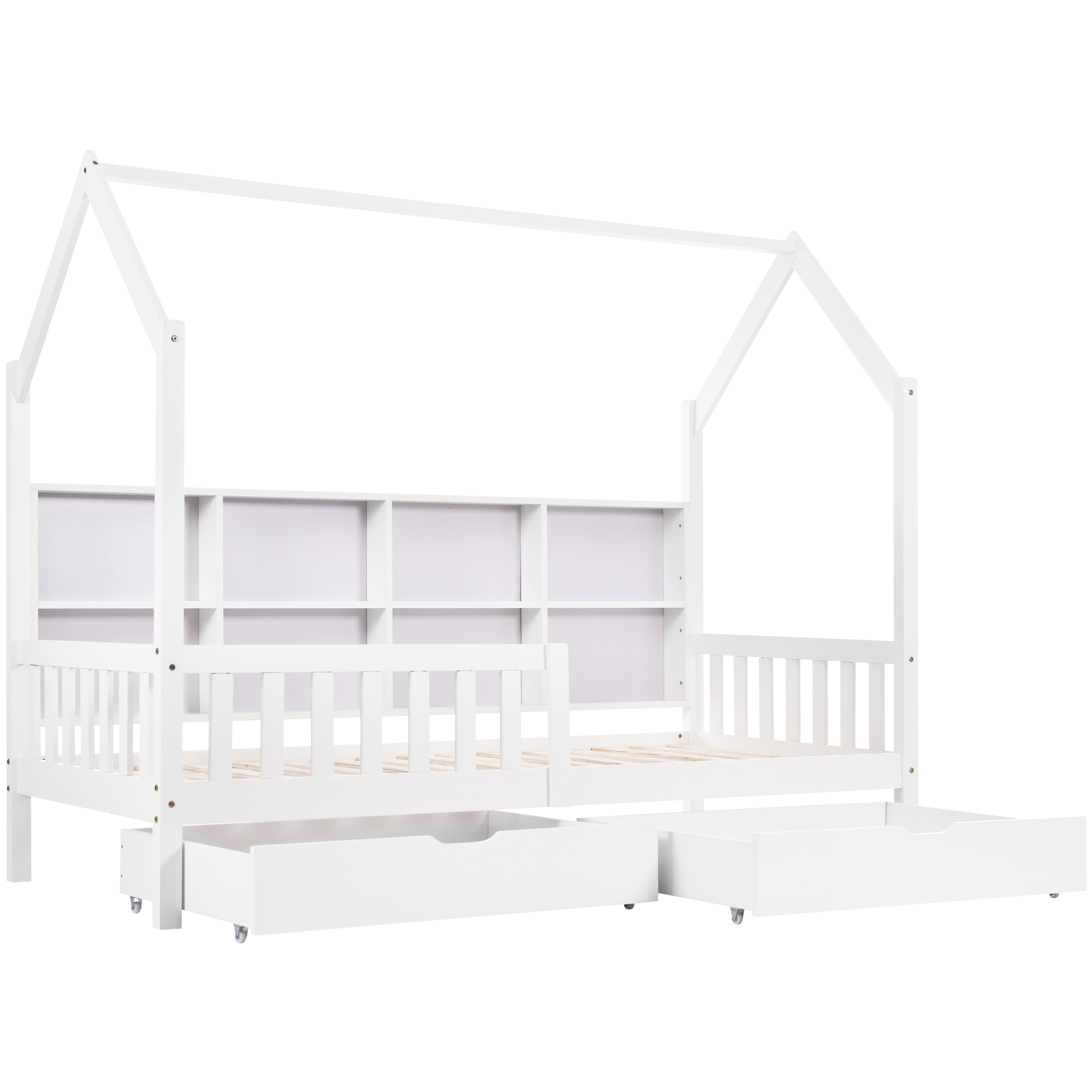 Kinder Bett mit Herbst Schutz und Mehrzweck Bücherregal Lagerung Grid Schrank Regal Zwei Große Schubladen Lagerung Haus Form