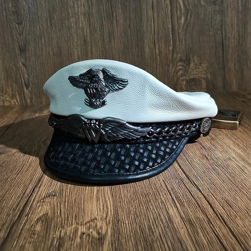 Luxuriöser Deutscher Marineblauer Hut für Herren, Oberteil, Leder, Retro, flache Schirmmütze, böse Ruffian-Lokomotive, kurze Krempe, Matrosenkapitän, Baskenmütze