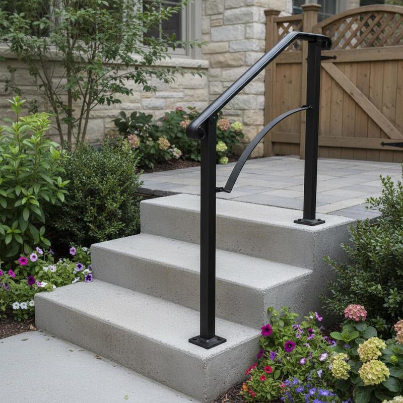 Wrought Iron Staircase Railing 2-3 Steps For Porch Garden Concrete Stairs, Flexible Arch#2 Design Adjustable Height Black Exterior Balustrade Hardware Accessory