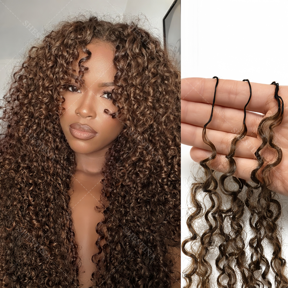 # Extensões de Cabelo Humano Cacheado Afro Kinky Castanho Pixie com 4 Nós Milagrosos para Crochê, Cabelo Cacheado Afro Kinky Invisível com Micro Loop e Pluma para Crochê