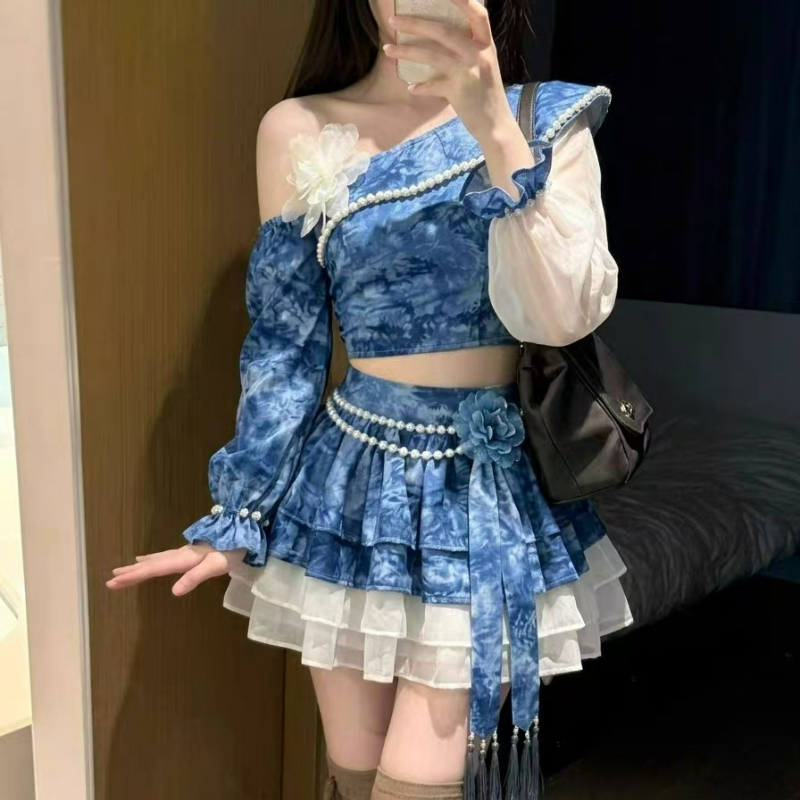 Japoński Styl Vintage Elegancki Zestaw Spódnicy Lolita Damski Słodki Top z Odkrytymi Ramionami Tie Dye Spódniczki Mini z Wysokim Stanem Casualowy Strój Y2k