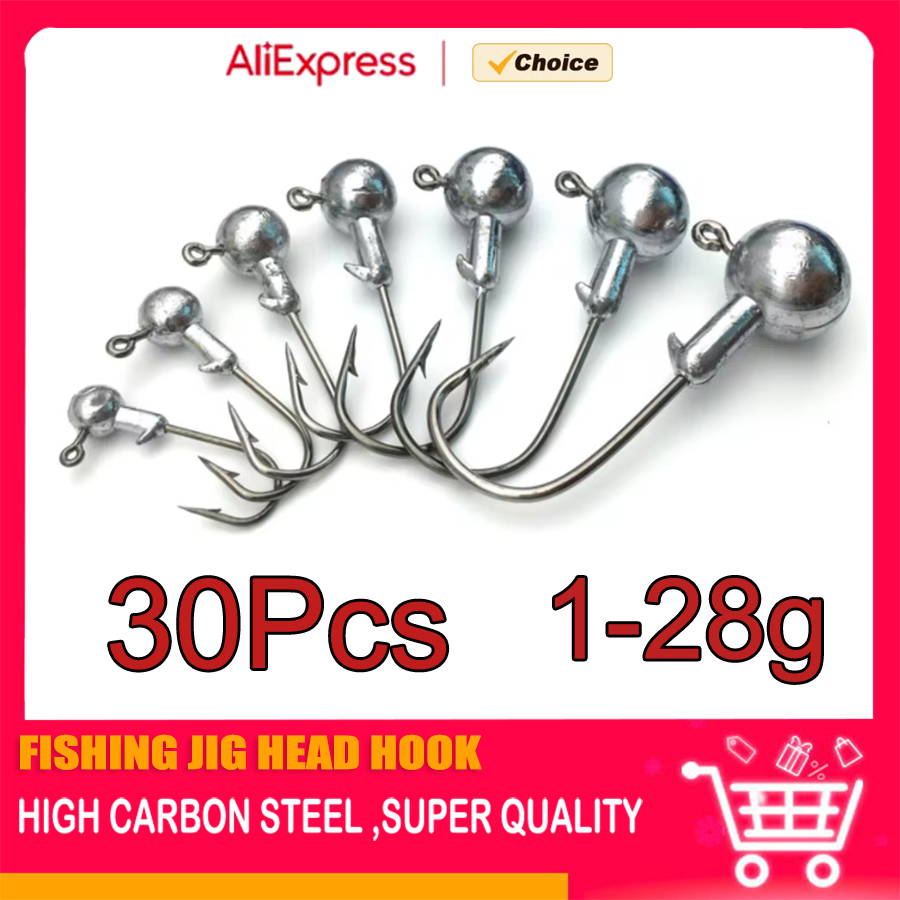 MrLurion 30 Uds 1g 2g 3g 5g 10g 14g 18g 22g 25g 28g anzuelo de cabeza de jigging de pesca, aparejos de cabeza redonda anzuelo para señuelos de manivela de gusano suave