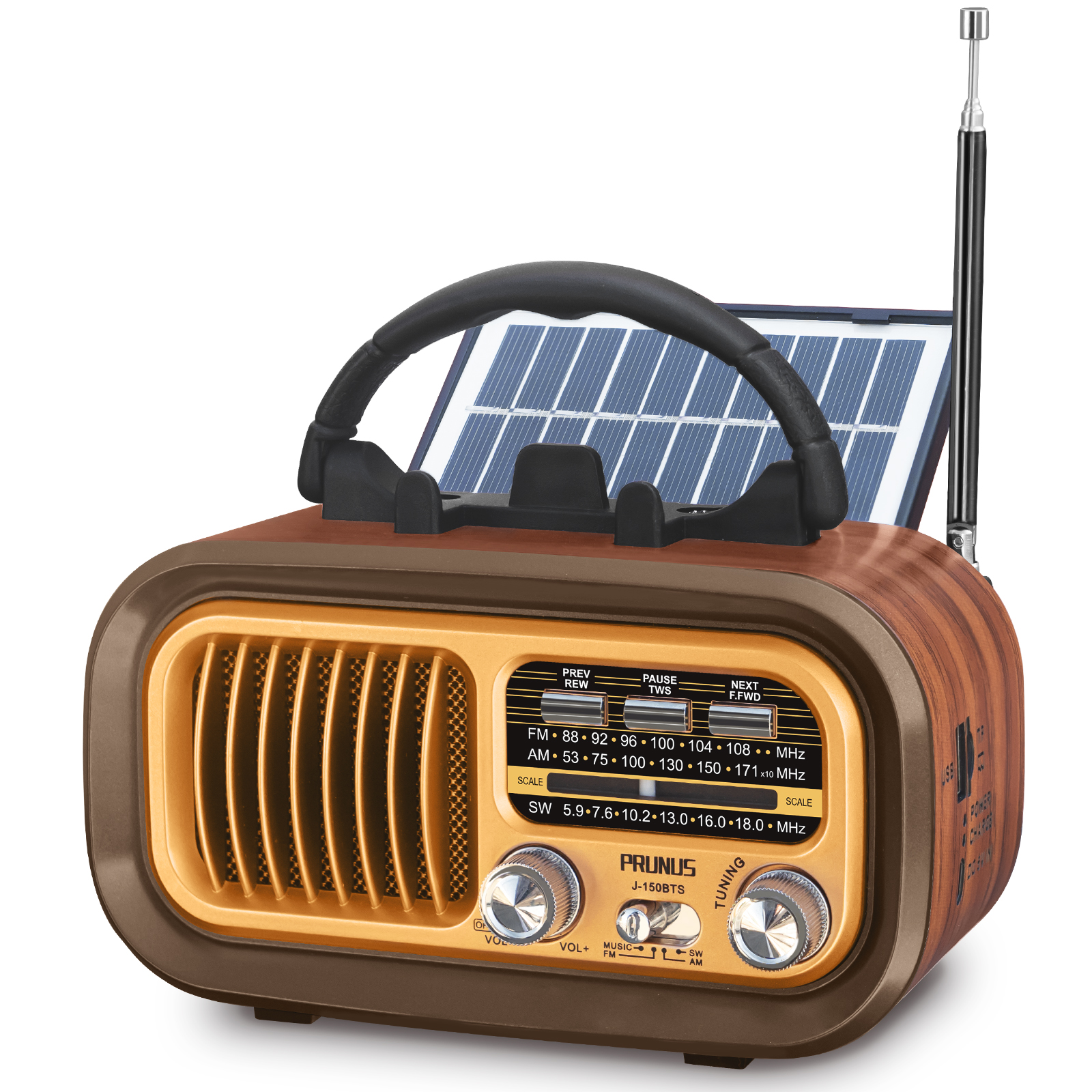 Haut-parleur Bluetooth multifonction Radio rétro FM AM SW Radios portables panneaux solaires Radio à ondes courtes rechargeable caisson de basses Audio