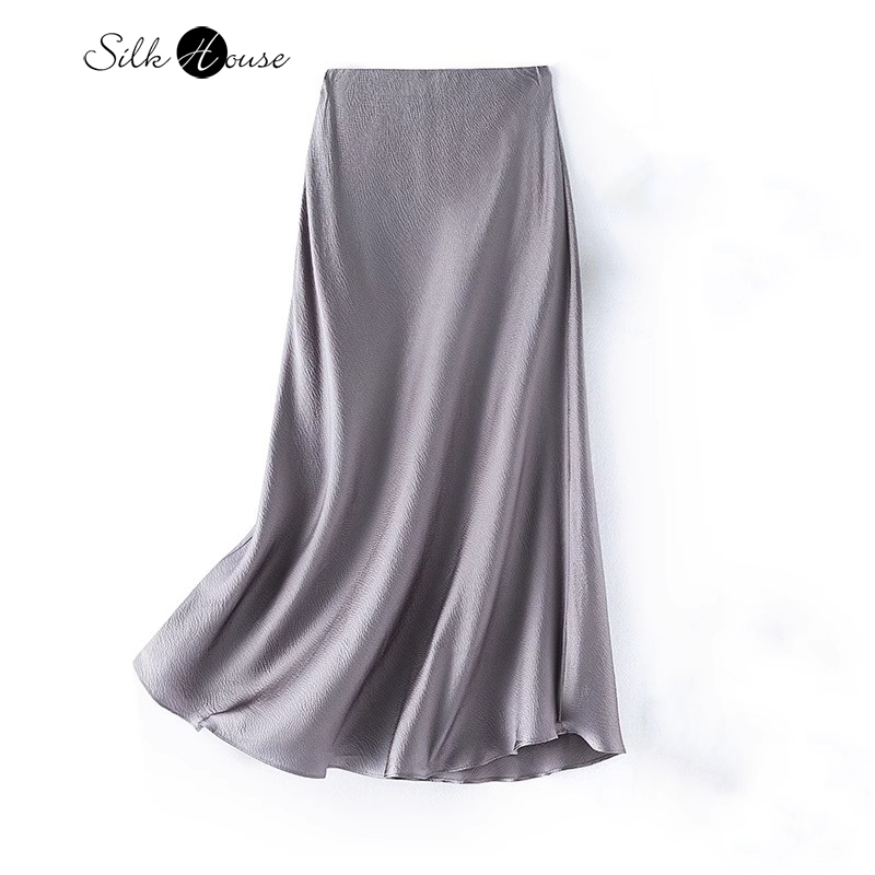 2026 Women's Summer New 100% Natural Mulberry Silk Pearl Satin Dark Grey Elegant Diagonal Cut Wrapped Hip Fishtail Skirt