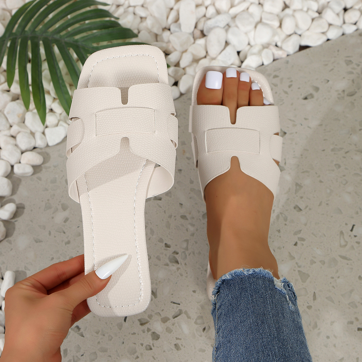 Sandalias planas para mujer, zapatillas sin cordones a la moda de verano, diseño de punta cuadrada y punta abierta, adecuadas para uso diario de las mujeres, zapatillas planas