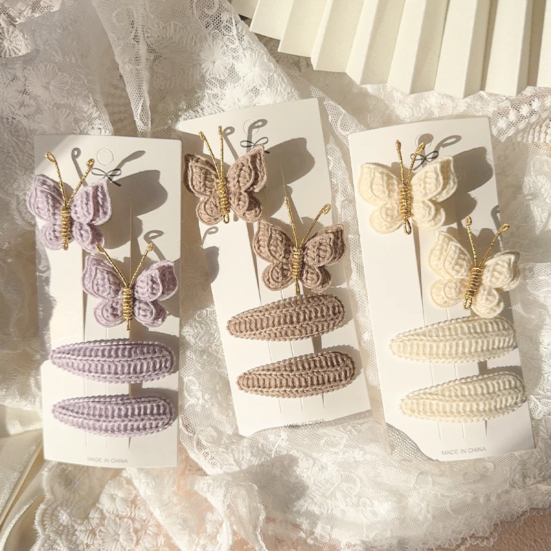 4pcs Sweet and Cute Children's Hair Clip Wool Knitting Headwear Handmade Crochet Butterfly Alloy Children Hairpins Wholesale