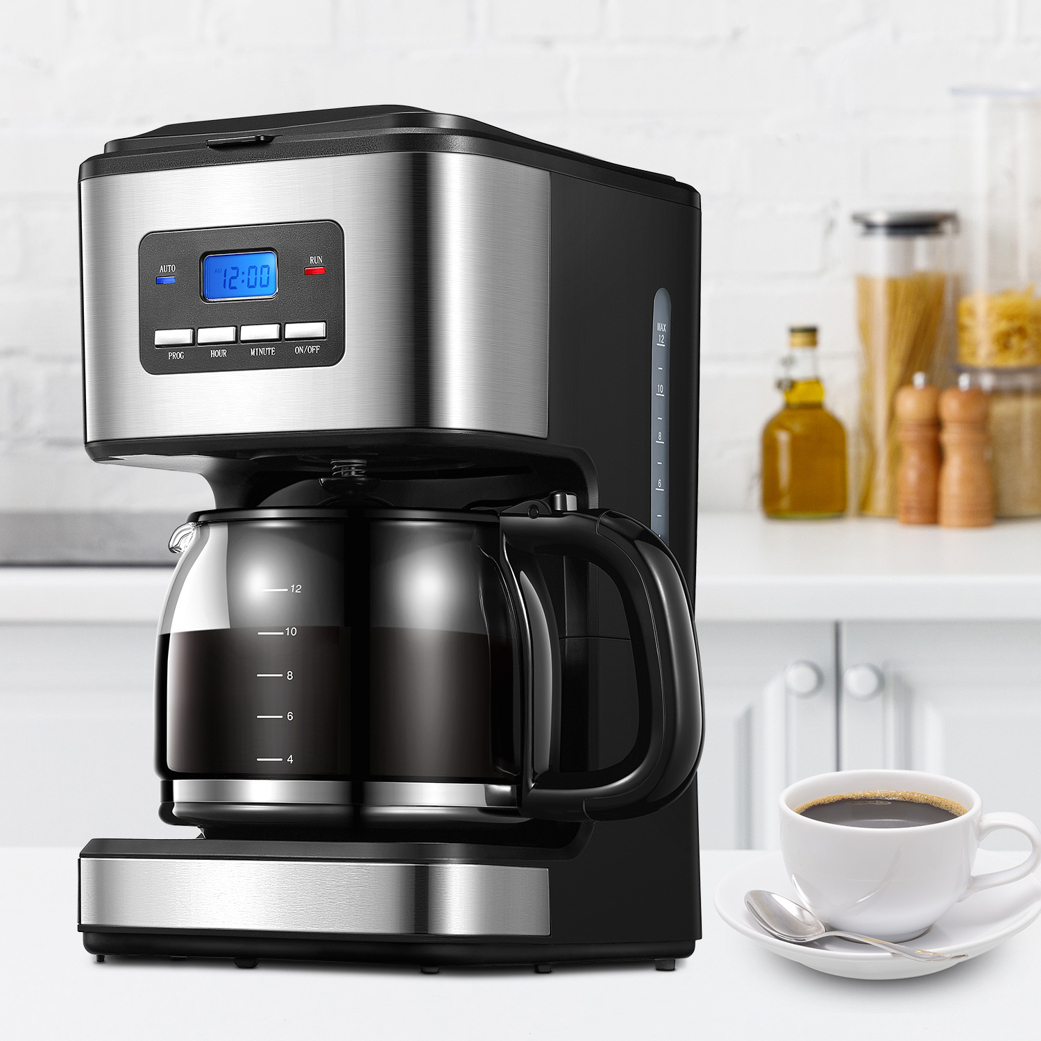Koffiezetapparaat, filterkoffiezetapparaat met timer, programmeerbaar druppelkoffiezetapparaat van 1,5 liter, 40 minuten warmhouden en anti-druppelsysteem,