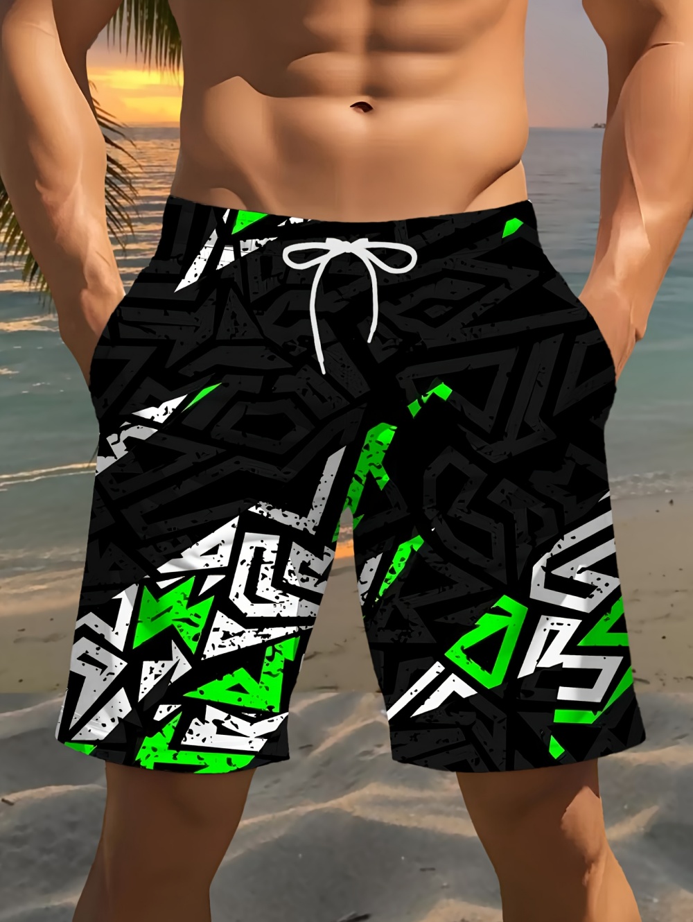 Sommerliche Herren-Shorts mit stilvollem Aufdruck, 3D-geometrische Muster, leicht, bequem, mit Kordelzug, zum Surfen, Schwimmen, Herrenbekleidung