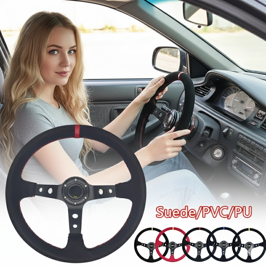 Uniwersalne 350mm 14-calowe zamszowe/PVC Auto Racing kierownice głęboka kukurydza dryfująca sportowa kierownica