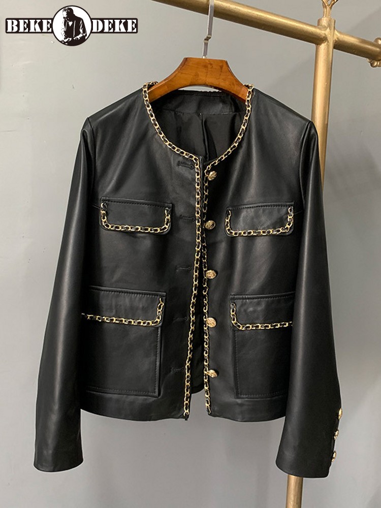 Chaqueta de piel de oveja de cuero Real para mujer, abrigo corto ajustado de manga larga con cuello redondo y botones, informal, con diseño de cadena, 100%