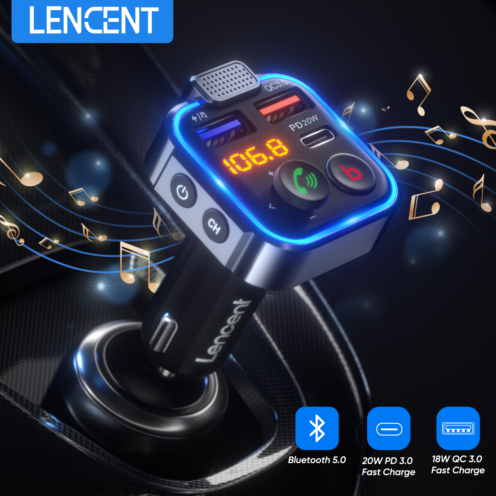 LENCENT FM-трансмиттер беспроводной Bluetooth 5,0 автомобильный комплект громкой связи аудио mp3-плеер с Type-C PD 20 Вт + QC3.0 Быстрый USB FM-модулятор
