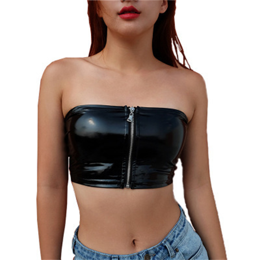 Vest Crop Wanita Seksi Bahan Kulit PU Hitam PVC Mengkilap dengan Ritsleting, Bandeau Bra Tube, Bralet, Crop Tank Top, Bralette, Bustier