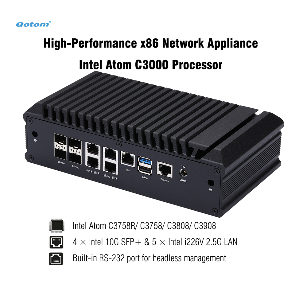 Mini PC Q20300G9 con CPU Atom C3000, 4x 10G SFP+/ 5x 2.5G LAN, 2x DDR4 RAM, 2x NVMe - Dispositivo de Firewall PfSense/OPNsense