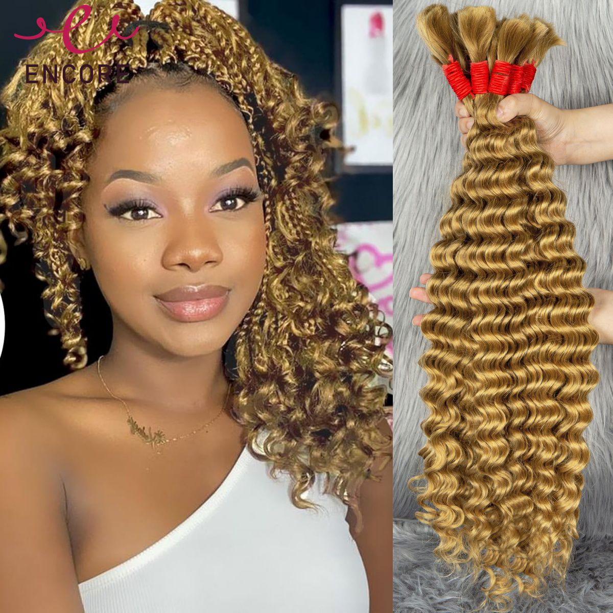 Honey ombré-extensiones de cabello humano para trenzas Boho, cabello trenzado húmedo y ondulado, cabello rizado a granel, 27 #