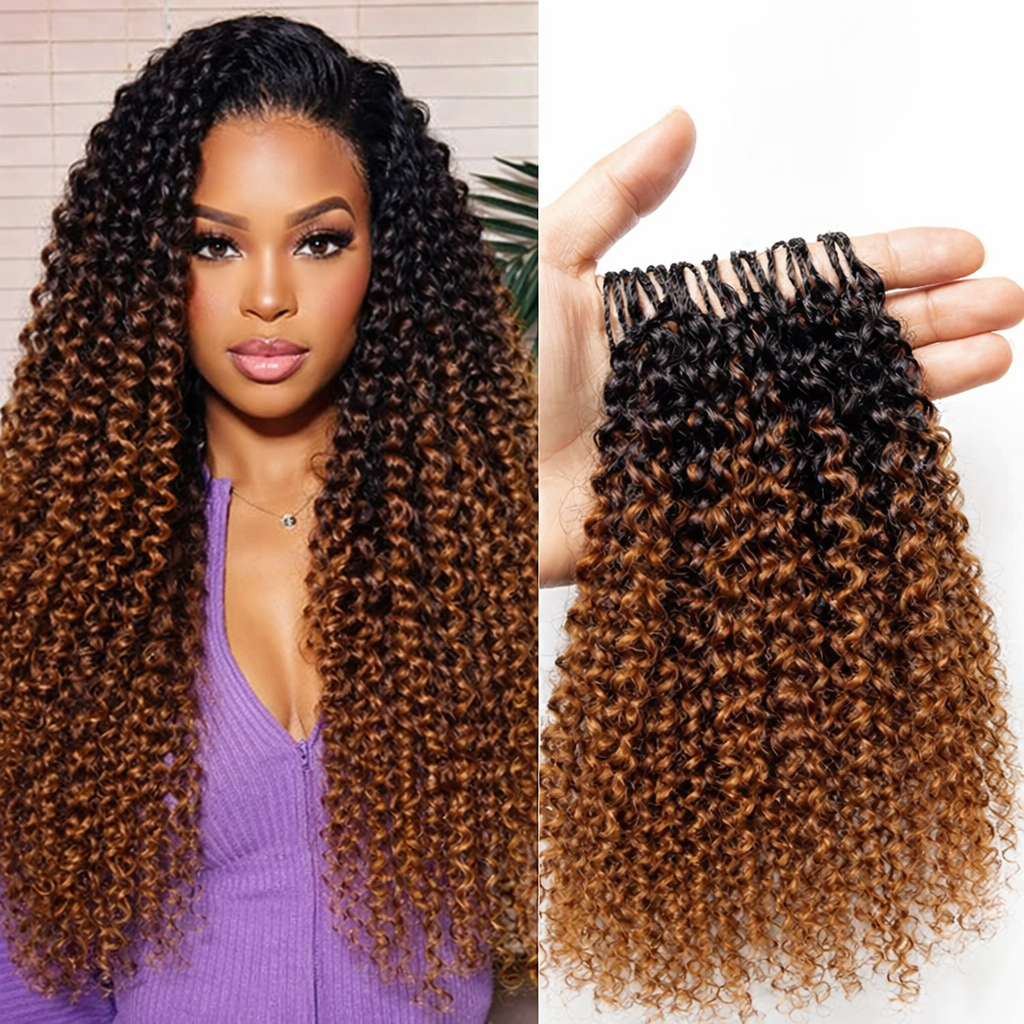 Estensioni per capelli ricci afro 100% umani T1B/30, senza nodi, pre-separati, con piume, all'uncinetto, Miracle Knots, trecce ricci profondi per donna