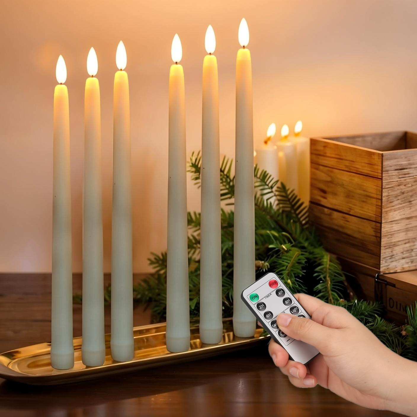 Velas cónicas LED sin llama parpadeantes con control remoto de 10 teclas, candelabros de marfil con pilas de 11 ", decoración navideña para el hogar y la boda
