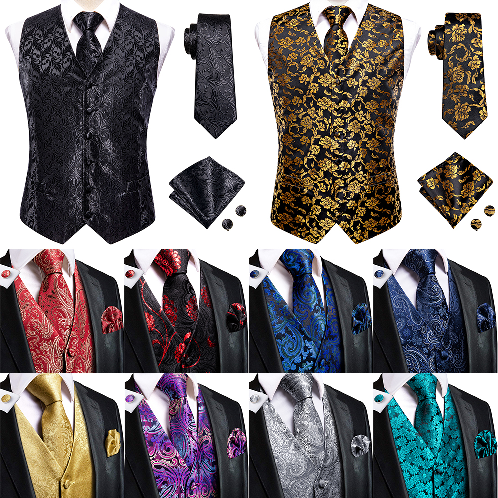 Hi-tie preto masculino colete de seda paisley jacquard gravata lenço abotoaduras conjuntos masculino sem mangas com decote em v colete negócios formal