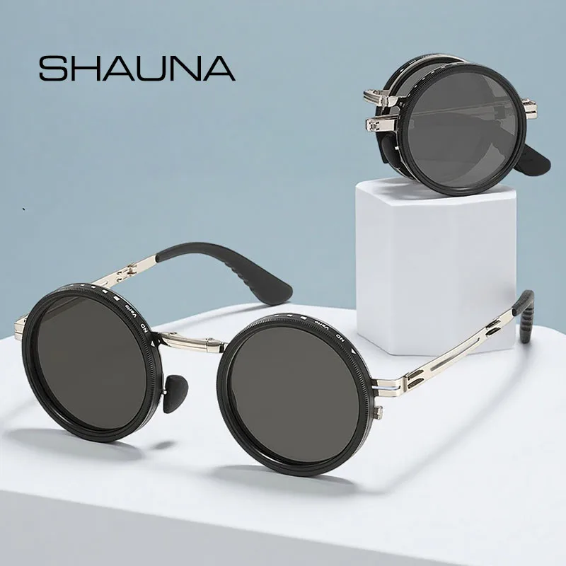 SHAUNA Full-folding Light-reducing Metal Punk ND9-level Adjustable Dimming Round Polarized Sunglasses UV400 With Case