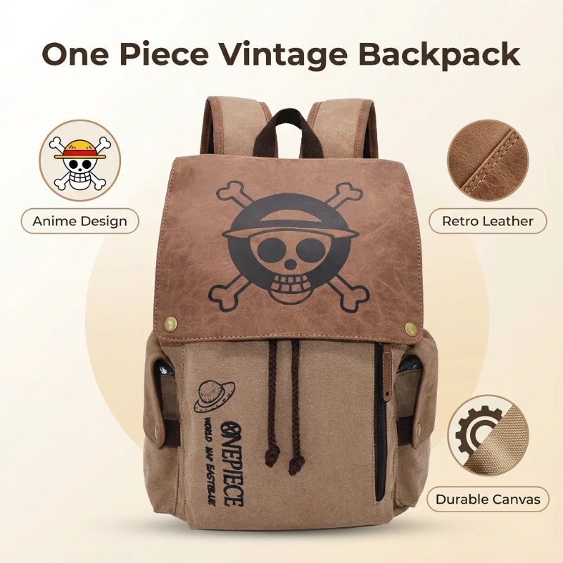 Zaino Anime One Piece Vintage in Tela, Borsa Scuola con Stampa Teschio Pirata e Cappello di Paglia, Zaino da Viaggio per Uomini e Donne
