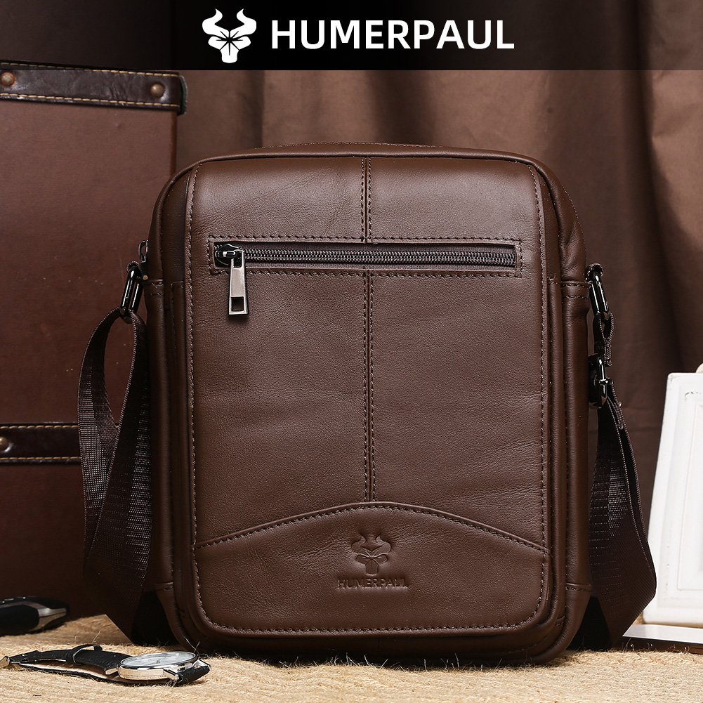 HUMERPAUL Torba męska crossbody z prawdziwej skóry, vintage, mała torba na ramię do codziennego użytku z regulowanym paskiem, torba sling pack