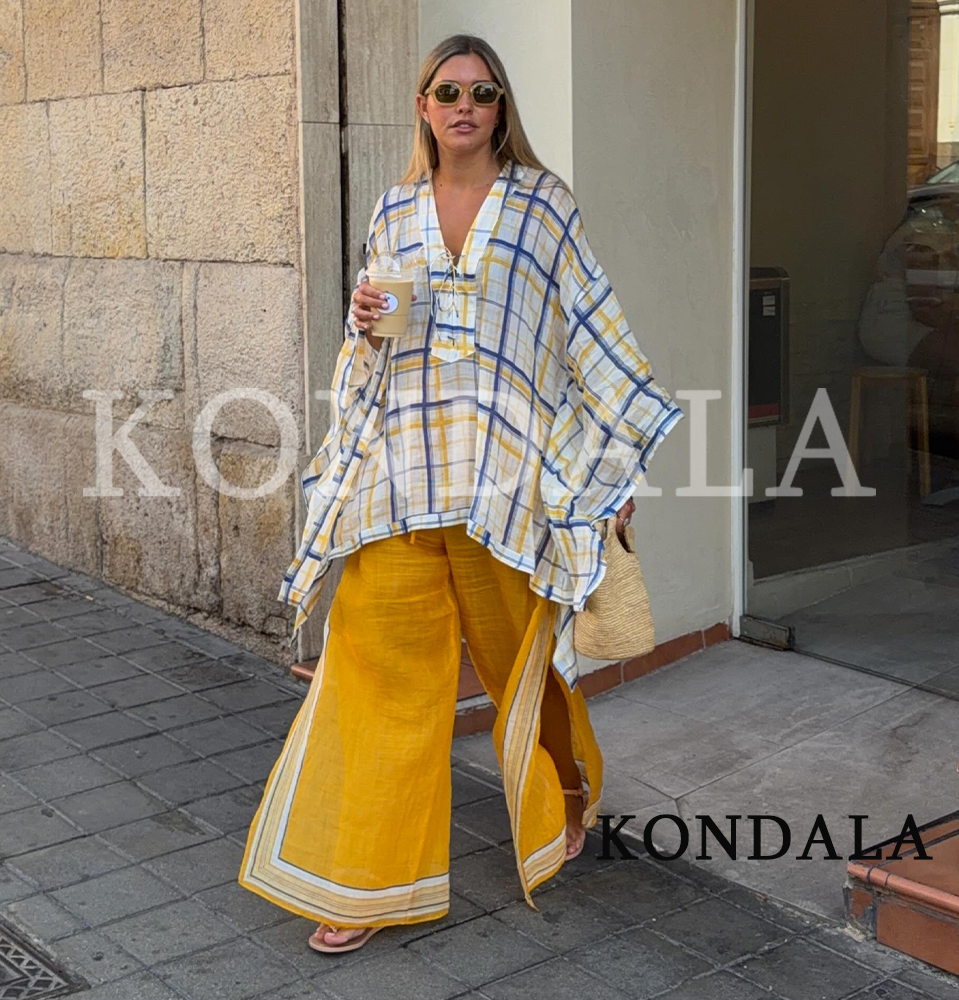 KONDALA Women Holiday Chic Long Pants Set 2026 Summer Trendy Casual Street Style Set Loose Plaid Cape Shirts, Drawstring Pants