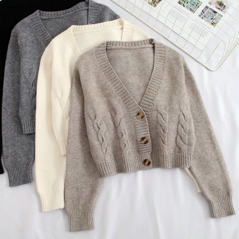 Cárdigan corto con cuello en V para mujer, suéter de punto trenzado de manga larga, abrigos para otoño e invierno, chaqueta de moda coreana que mantiene el calor