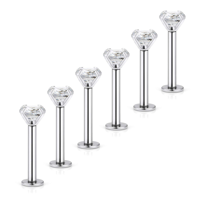6 Pcs/Lot 16G Stainless Steel Labret Lip Ring Piercing CZ Zircon Cartilage Tragus Helix Conch Piercings Earring 6/8/10MM