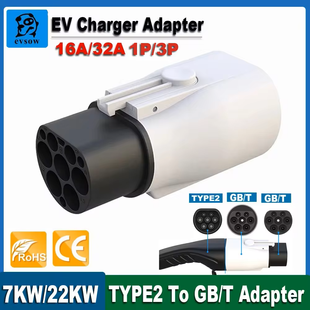 Evsow tipo 2 para gbt adaptador de carregador ev para veículo elétrico adaptador transdutor de carregamento ev conector 16a 32a adaptador