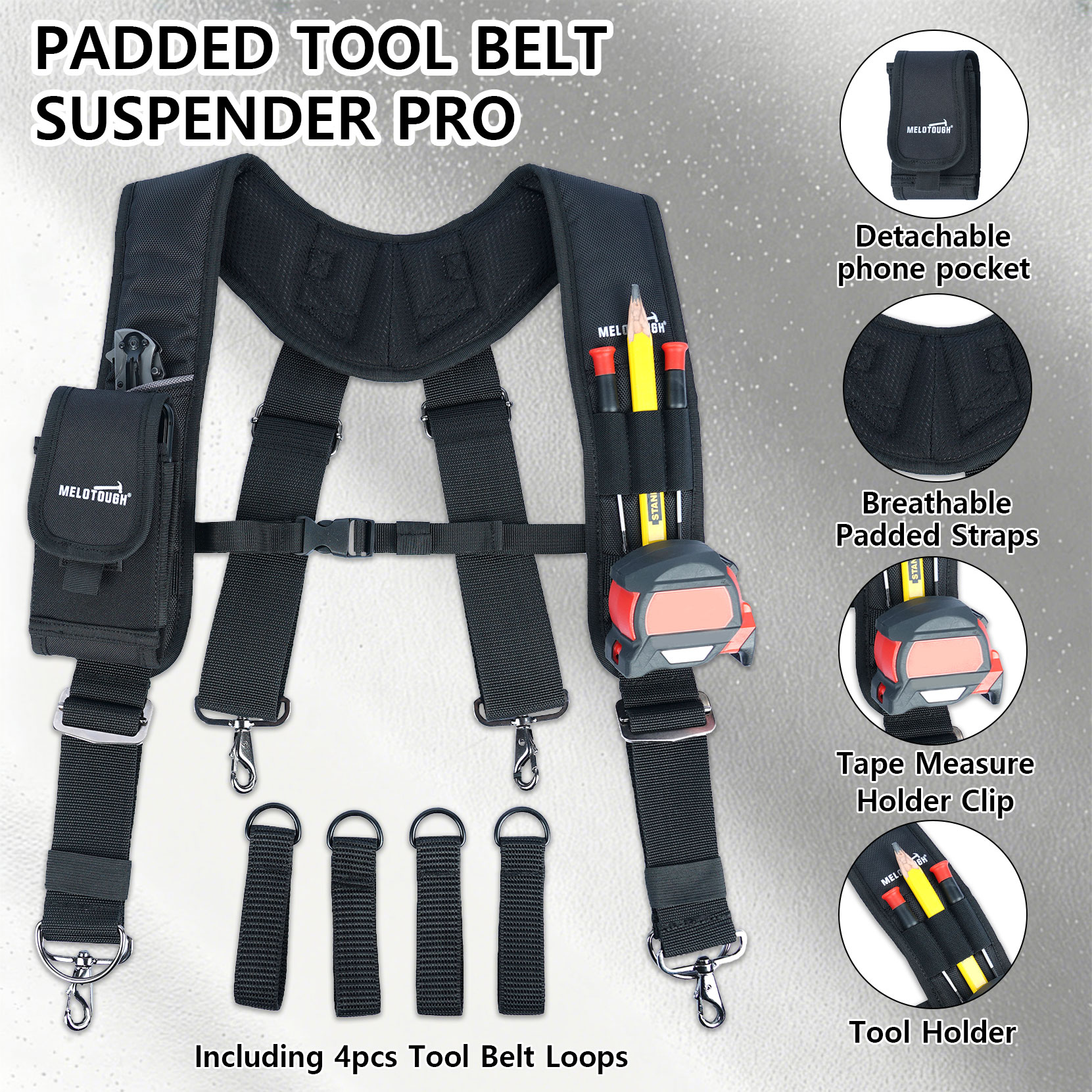MELOTOUGH Work Suspenders Tool Belt Suspenders with Large Moveable Phone Holder
