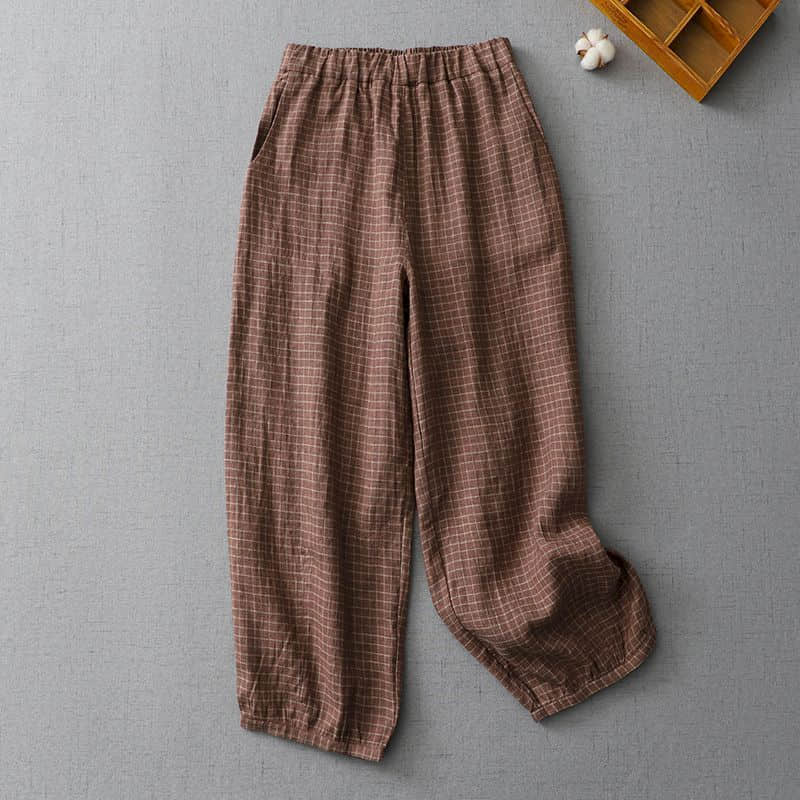 Calças de linho de algodão xadrez solto casual vintage coreano moda harajuku roupas femininas bloomers lanterna calças largas