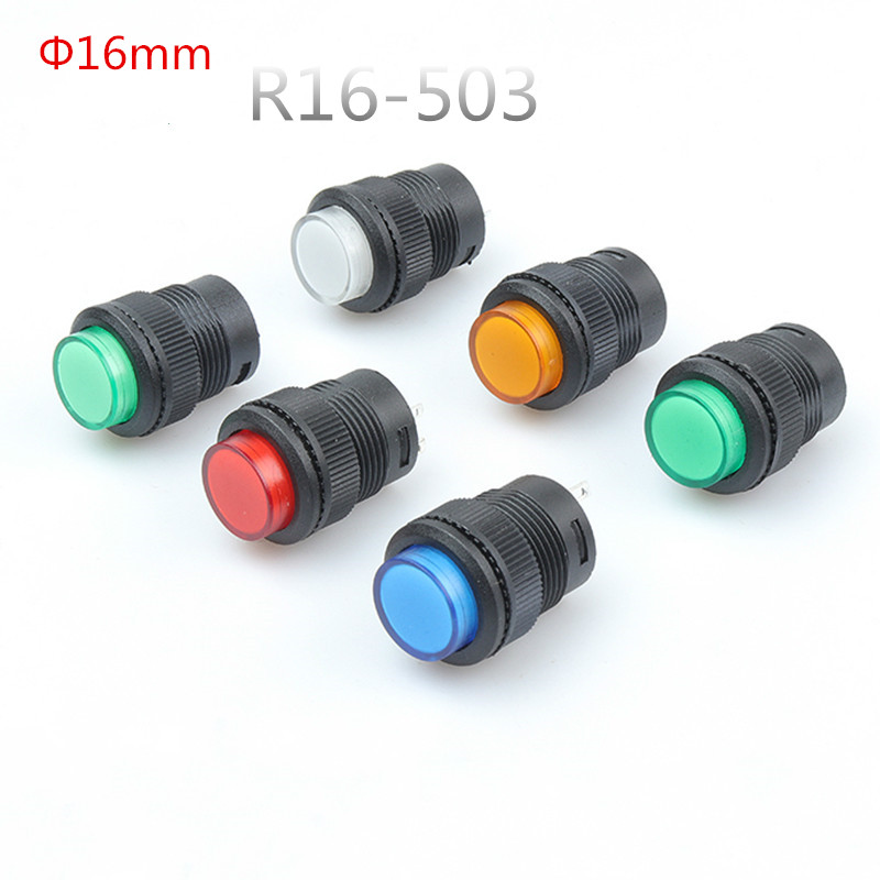 Travamento automático Interruptor de botão momentâneo, iluminação LED de 5 cores, 4Pin, R16-503 AD, R16-503 BD, 16mm, 5pcs