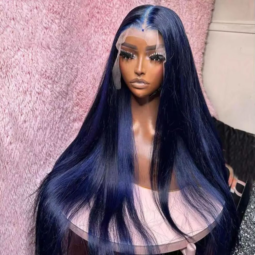 Parrucca Blu Notte Lunga e Liscia con Frontale in Pizzo 13x4 HD Senza Colla Sintetica e Pre-Plucked per Donne Pronta all'Uso per Cosplay