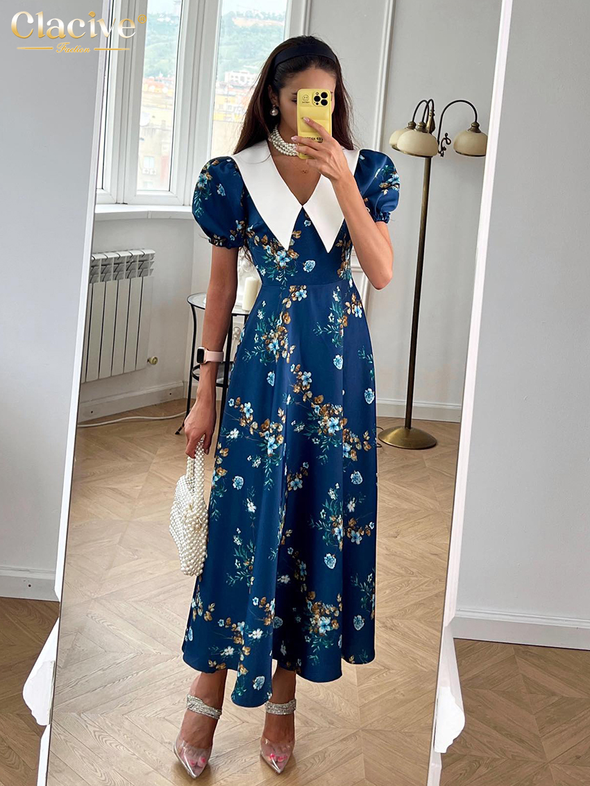 Clacive-vestido con estampado ajustado para mujer, prenda elegante de manga corta hasta el tobillo, con solapa y cintura alta, estilo clásico, para verano