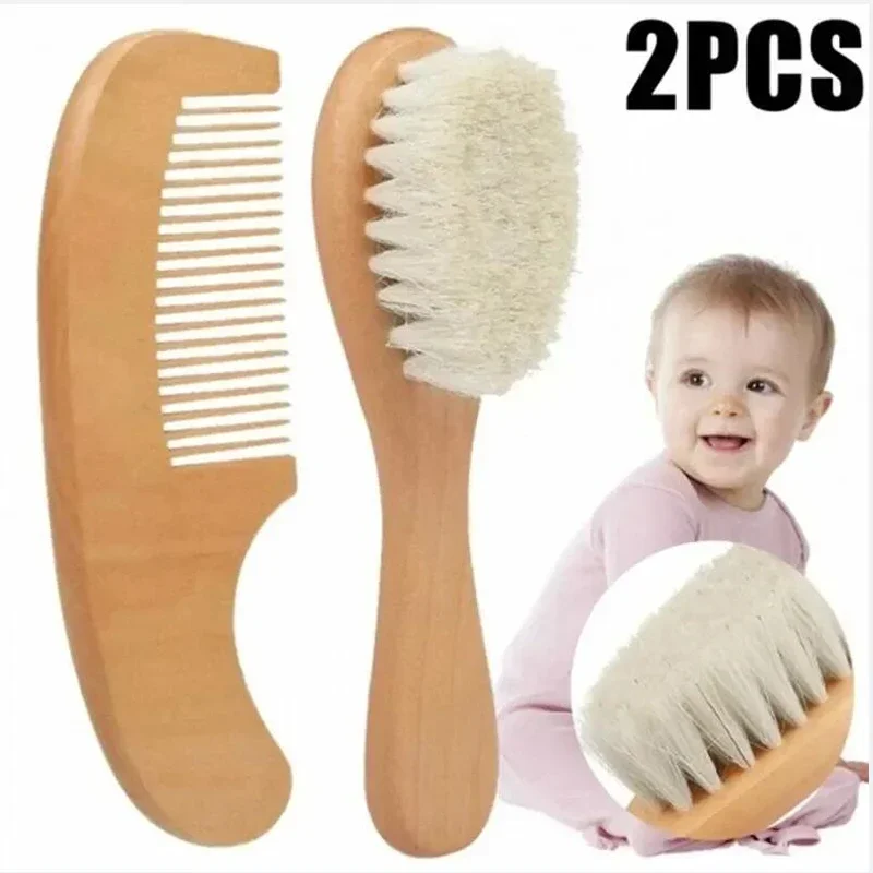 2 Peças Escova e Pente de Madeira para Bebê Recém-Nascido, Escova de Cabelo para Bebê, Massageador de Cabeça Infantil, Pente Portátil, Escova de Banho para Cabelo