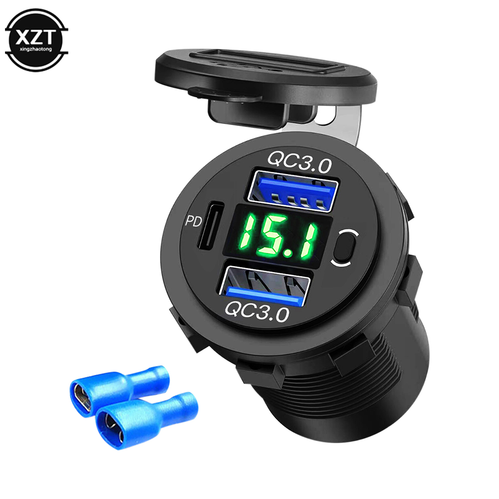Cargador USB 3,0 con voltímetro Digital, adaptador de toma de corriente, impermeable, 12V, 24V, 60W, PD Dual, QC, para coche, camión y motocicleta