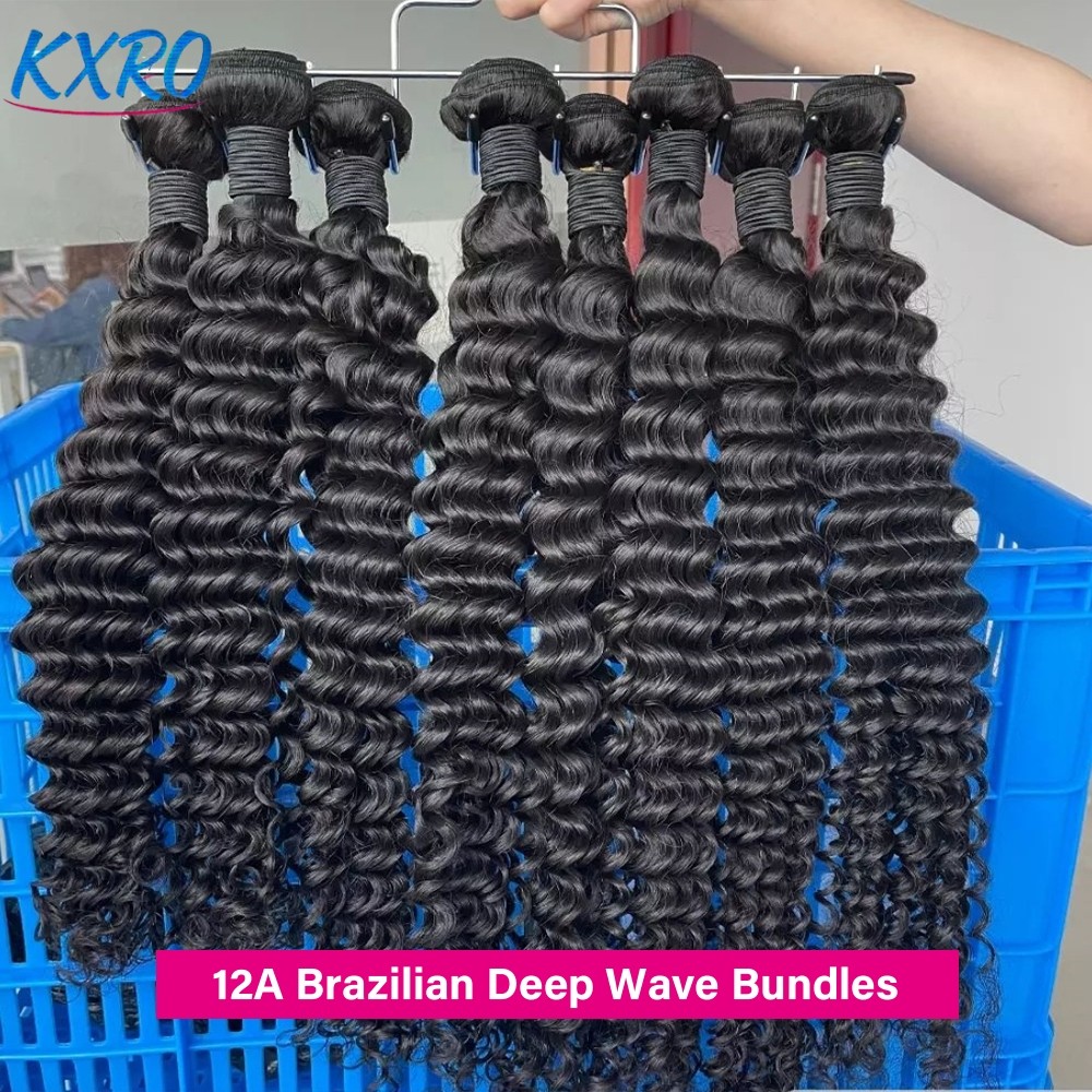 Zestawy włosów Deep Wave o długości 20, 22, 24 cali, 12A, brazylijskie pasma włosów naturalnych, wysokiej jakości, surowe włosy ludzkie dla kobiet, gotowe do założenia, w promocji, wstępnie wyskubane, peruka na imprezę, do pracy, na co dzień.