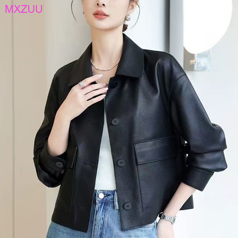 2025 jaqueta de primavera feminina retro roupas de couro alta qualidade pele carneiro lichia impressão maillard cor lapela casual casaco curto