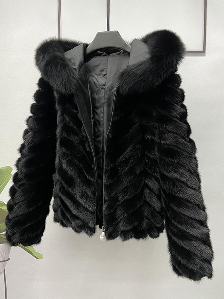 Veste en fourrure de vison véritable pour femme, manteau court à fermeture éclair, fourrure naturelle, fourrure de renard, capuche, noir, vêtements chauds, hiver