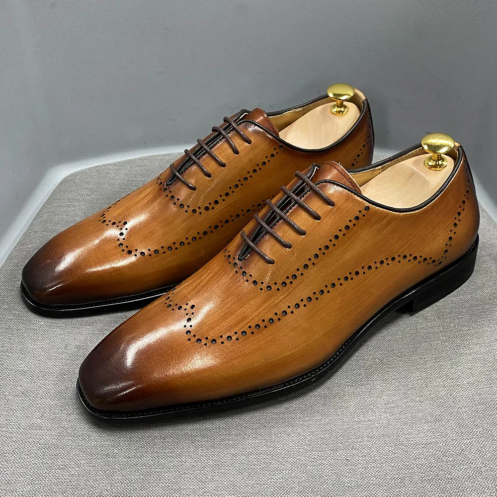 Zapatos Oxford de talla 7-12 para hombre, zapatos de vestir Brogue de oficina de negocios con cordones de lujo de cuero de becerro genuino con punta de ala para hombre