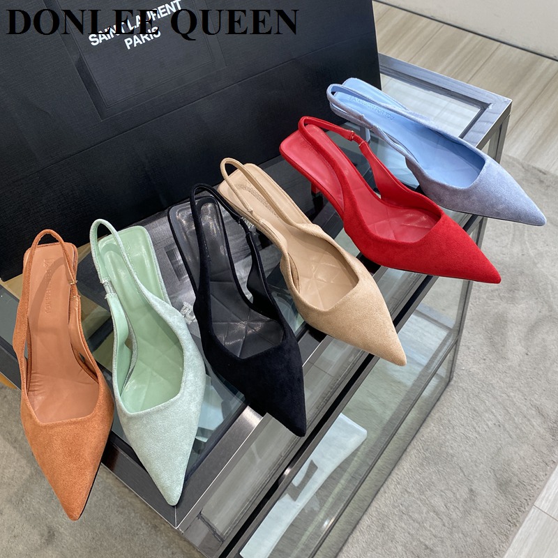 Modne buty na cienkich wysokich obcasach Slingback sandały damskie Slip On muły szpiczasty nosek płaskie czółenka zamszowe buty damskie marki Sandalias Mujer