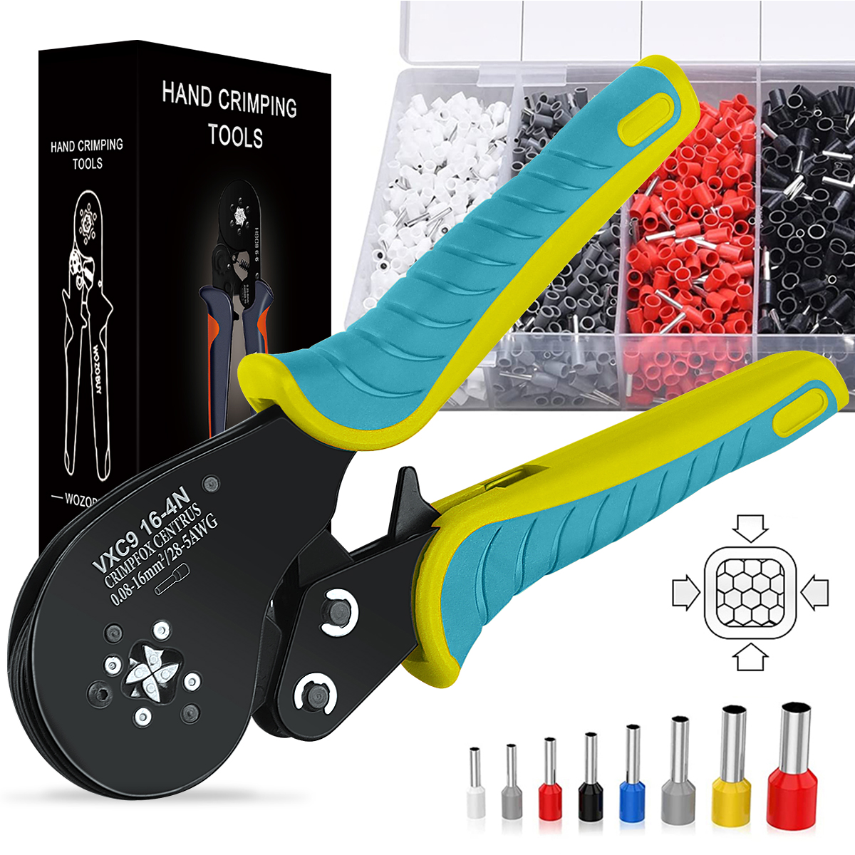 Kit d'outils de sertissage de virole, outils de sertissage carrés WZOBUY 16-4N, pince à sertir de fil à mâchoire à cliquet AWG 28-5 (0,08-16 mm2)